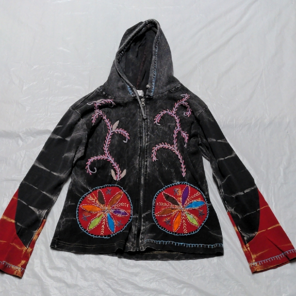 The Collective Royal Hippie Boho Tie Dye Embroidered Zip Up Hoodie Sweatshirt Md